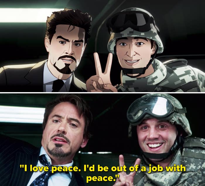 Tony saying, "I love peace. I'd be out of a job with peace"