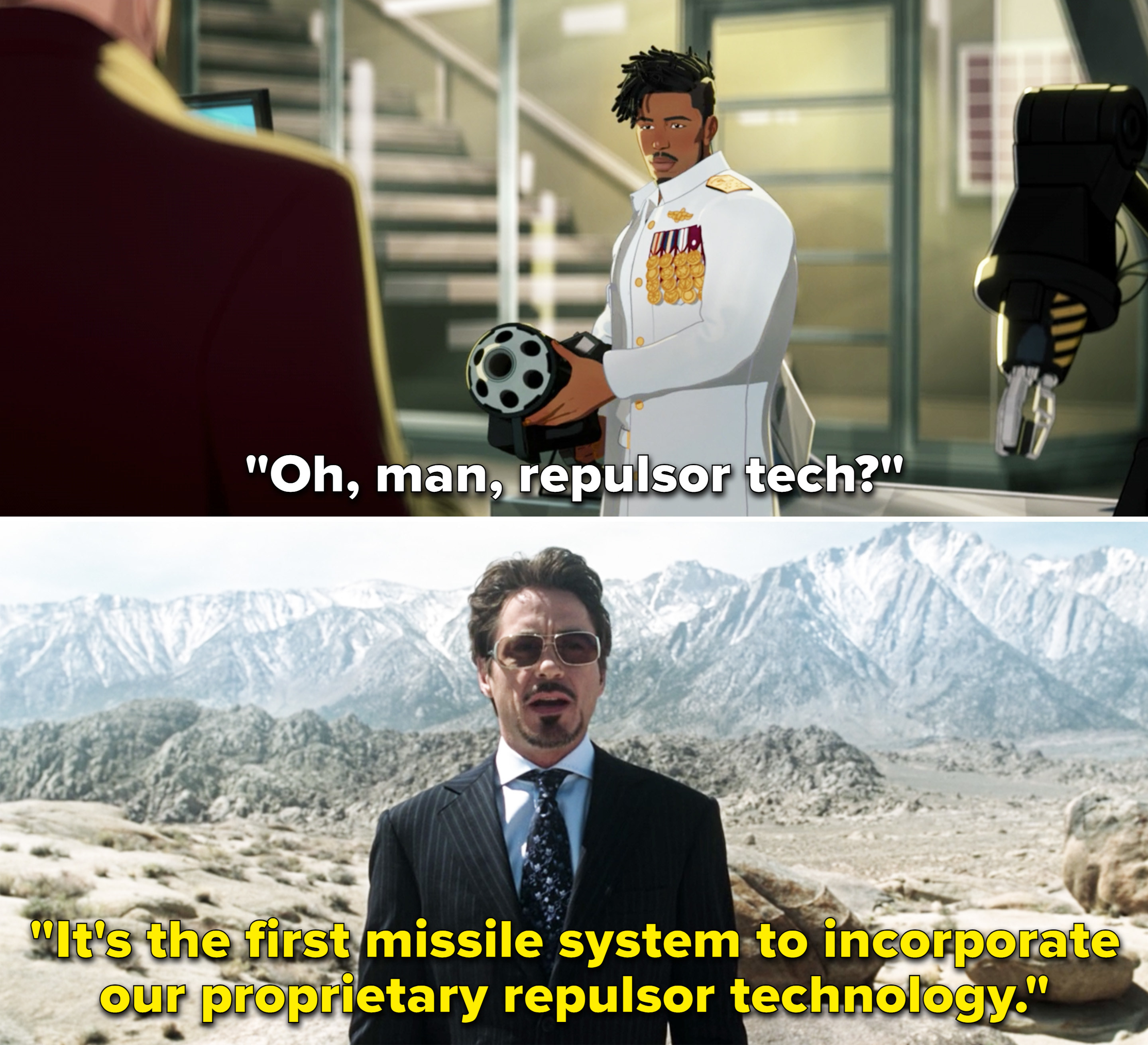 Tony saying, &quot;It&#x27;s the first missile system to incorporate our proprietary repulsor technology&quot;