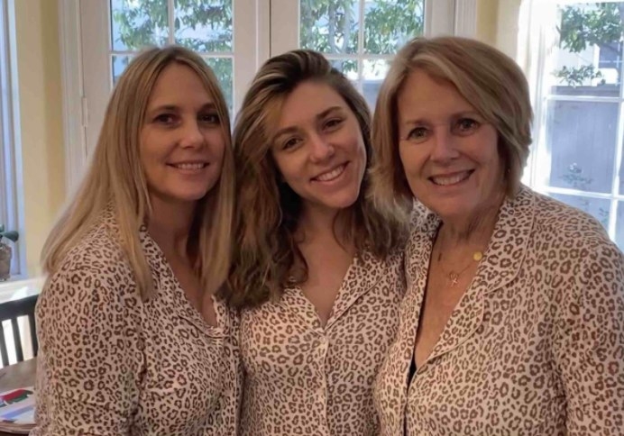 three women in the long sleeve pajamas in leopard print