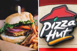 On the left, a gourmet burger on a ciabatta bun with seasoned fries, and on the right, a Pizza Hut sign