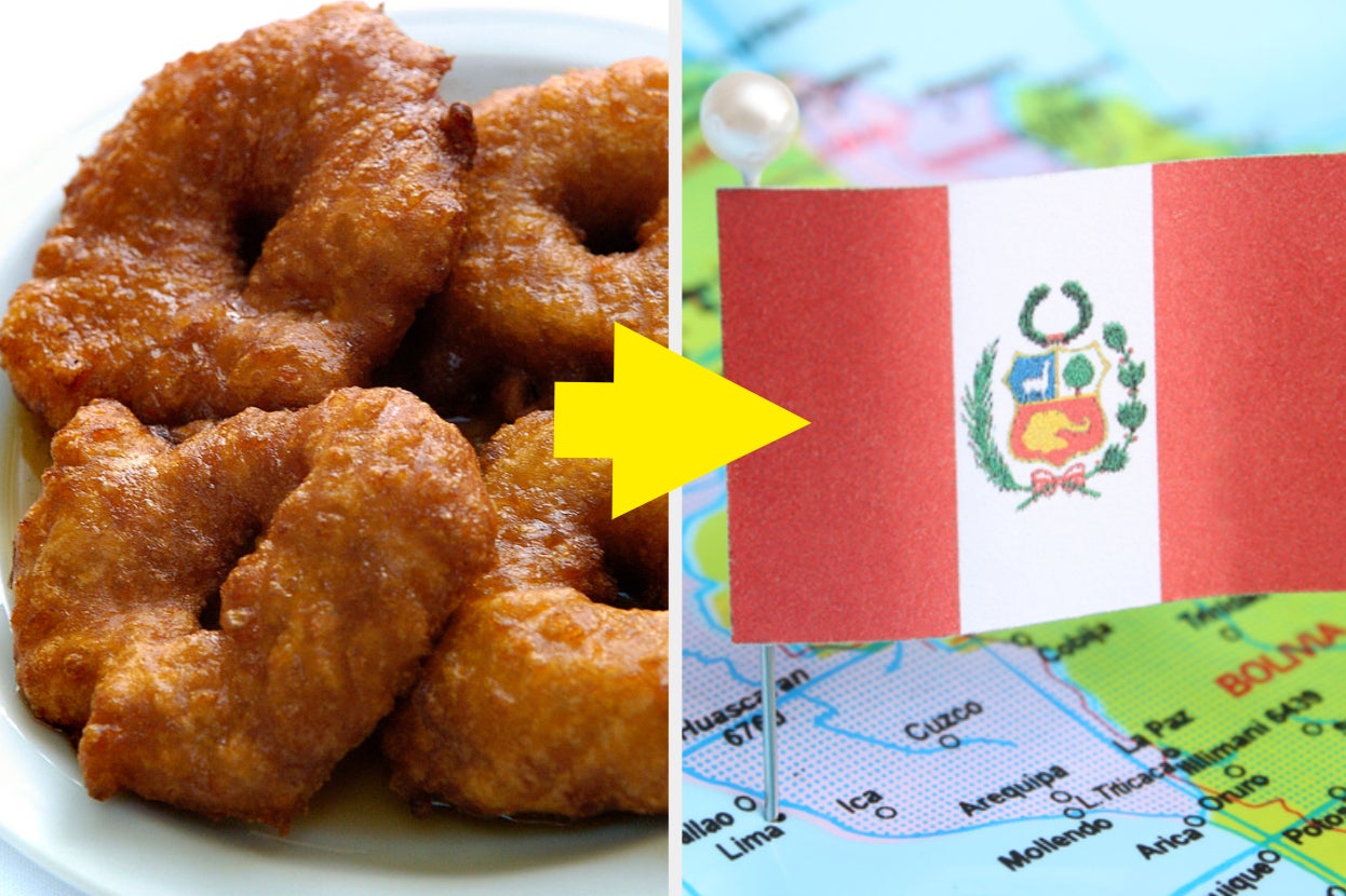 Picarones with an arrow towards a map of Peru and the flag