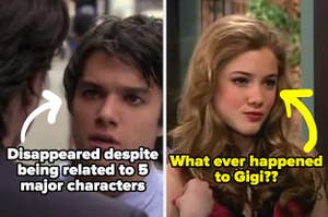 Scott on Gossip Girl labeled "Disappeared despite being related to 5 major characters" and Gigi on Wizards of Waverly place labeled "what ever happened to Gigi?"