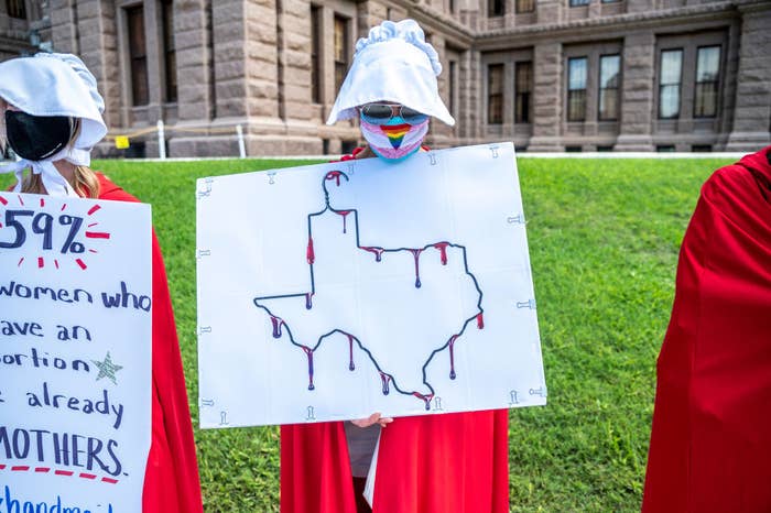 Person dressed as a handmaid from &quot;The Handmaid&#x27;s Tale&quot; with a sign of the shape of Texas as a clothes hanger