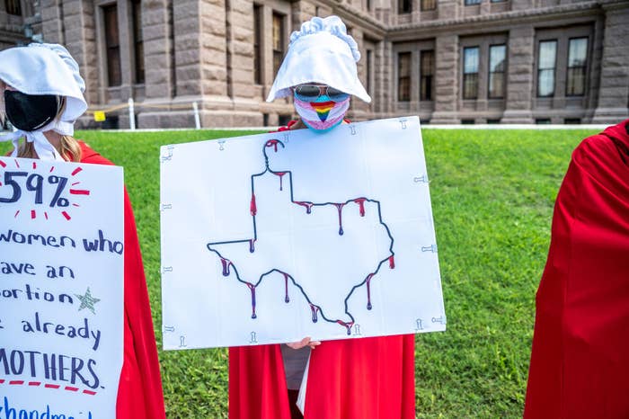 Person dressed as a handmaid from "The Handmaid's Tale" with a sign of the shape of Texas as a clothes hanger