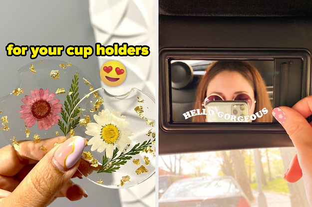L: acrylic cup holder coasters with pressed flowers and gold flakes on it R: curved sticker on a sun visor mirror that says hello gorgeous