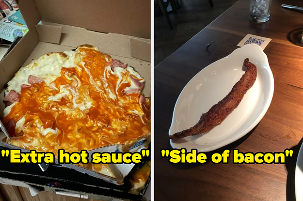 A pizza drenched in hot sauce and a side of bacon that only has one piece of bacon