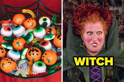 On the left, someone holding a basket of Halloween candy, complete with gummy eye balls and worms, and on the right, Winnie from Hocus Pocus labeled witch