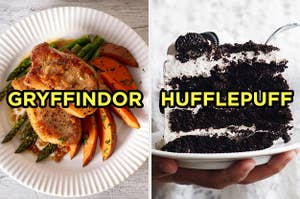 On the left, some pork chops on a bed of roasted carrots and asparagus labeled Gryffindor, and on the right, a cookies and cream layer cake labeled Hufflepuff