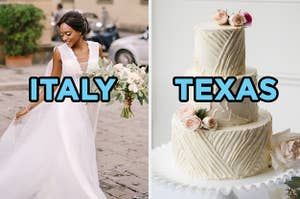 On the left, a bride wearing a wedding dress and walking down a cobblestone street labeled Italy, and on the right, a three-tiered wedding cake with flowers placed on the top