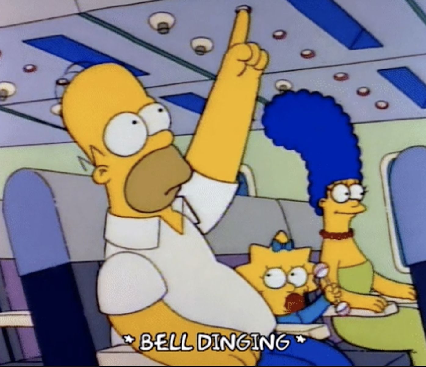 Homer Simpson from "The Simpsons" dinging the bell on an airplane