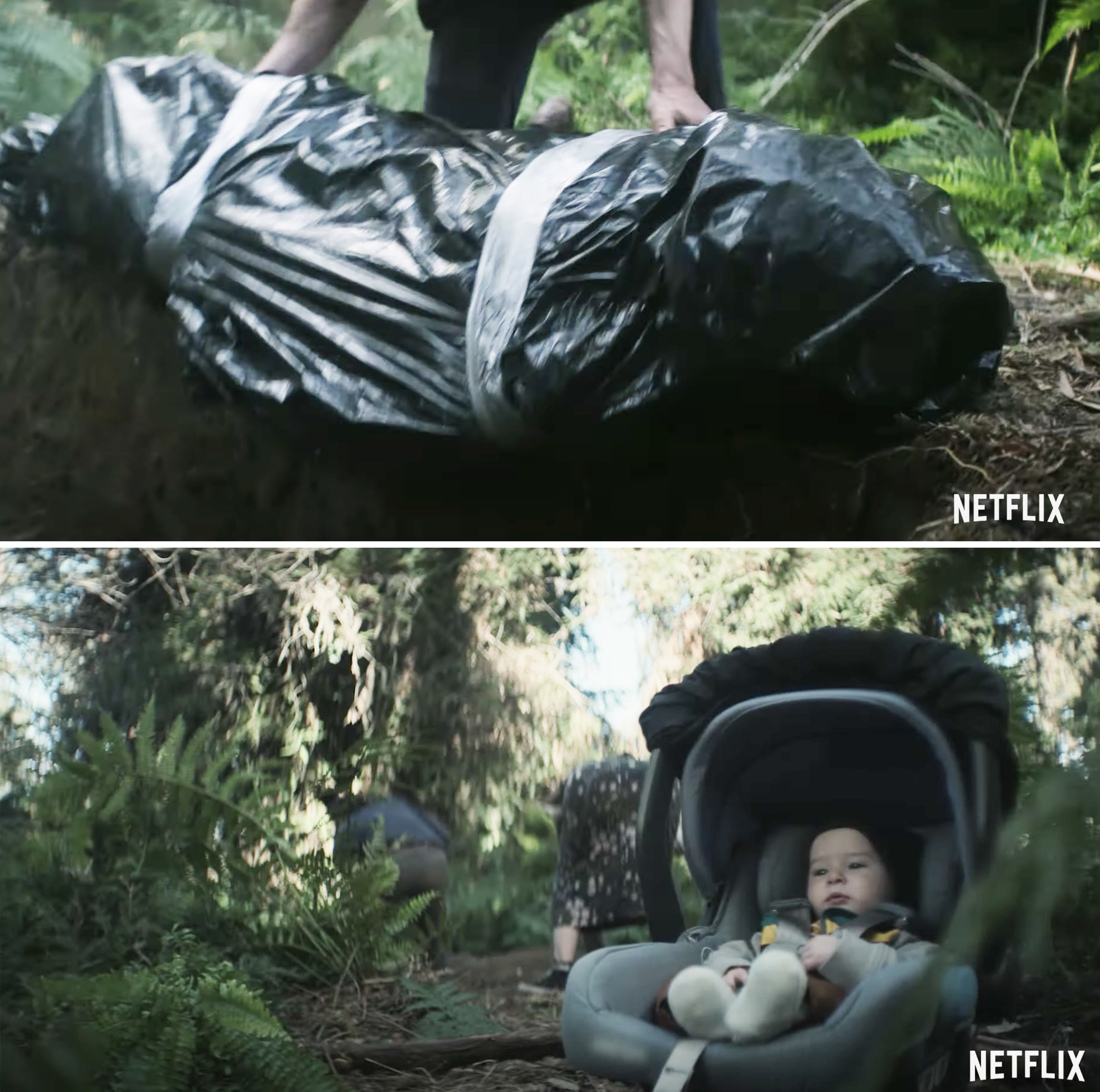 A body bag in the first image and the baby in a carseat on the ground as someone digs a hole in the background in the second image