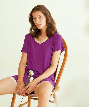 A model wearing the bamboo pajama set
