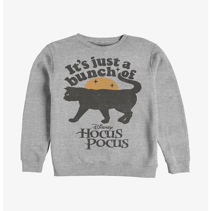 Gray Hocus Pocus sweatshirt with black cat on the front and letters that say "it's just a bunch of Hocus Pocus"