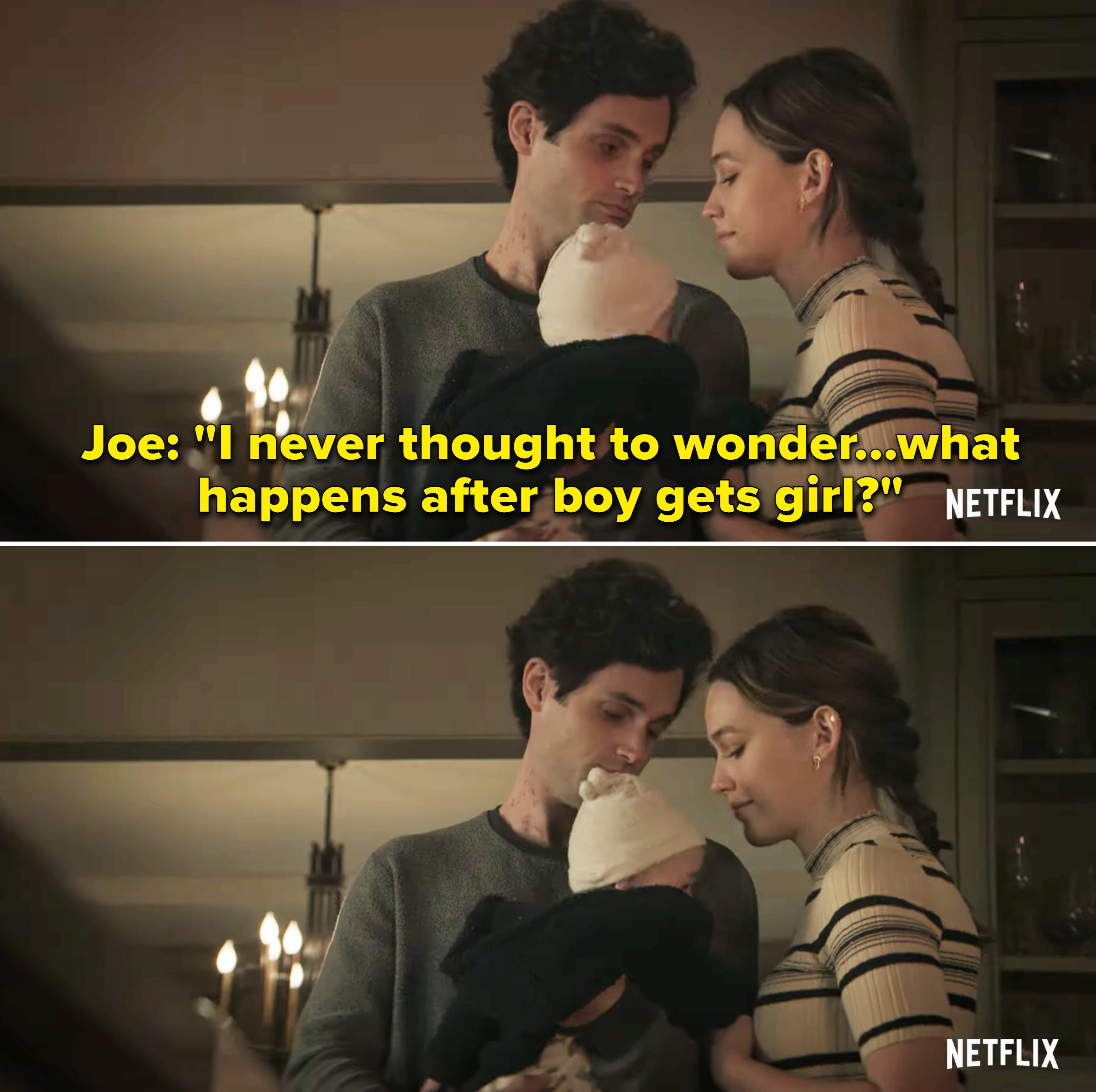 The couple with their son with the caption from Joe, &quot;I never thought to wonder...what happens after boy gets girl?&quot;