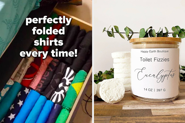 left image: t-shirts folded with plastic folder, right image: toilet fizzies