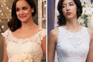 Amy Santiago wears a off the shoulder wedding dress and Rosa Diaz wears a tank top strap lace wedding dress