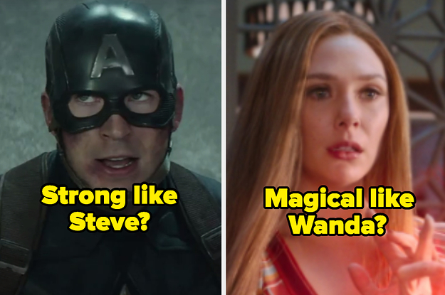 A close up of Steve Rogers as he wears the Captain America helmet and a close up of Wanda Maximoff as she uses her magic