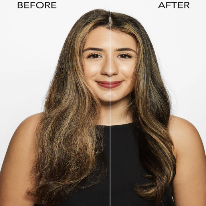 Model showing hair before and after using oil