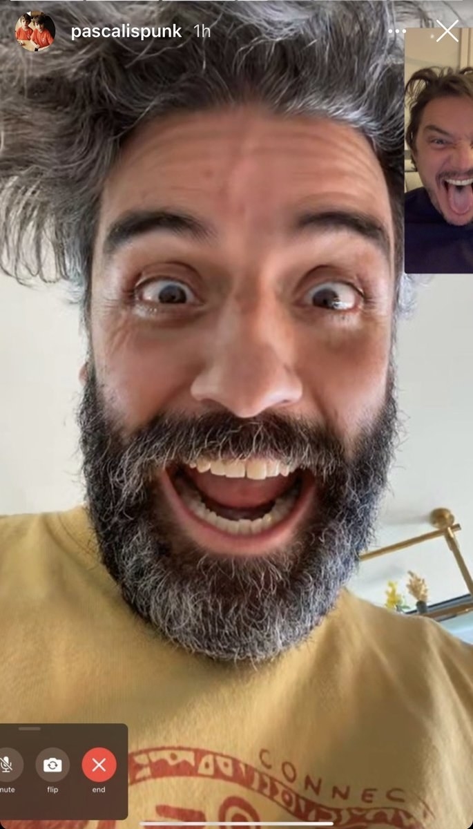 Pedro Pascal facetiming Oscar Isaac and both appearing to be yelling in excitement