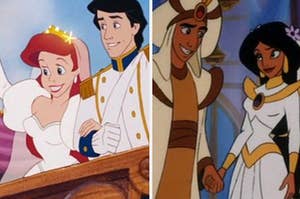 Princess Ariel and Prince Eric wave from the deck of the wedding ship. Aladdin and Princess Jasmine hold hands as they stand in the front of their wedding ceremony