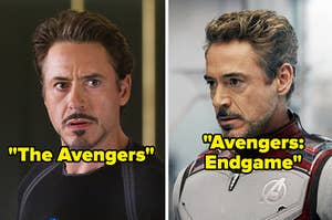 A young looking Tony Stark looks worried to the side and an older Tony Stark looks down