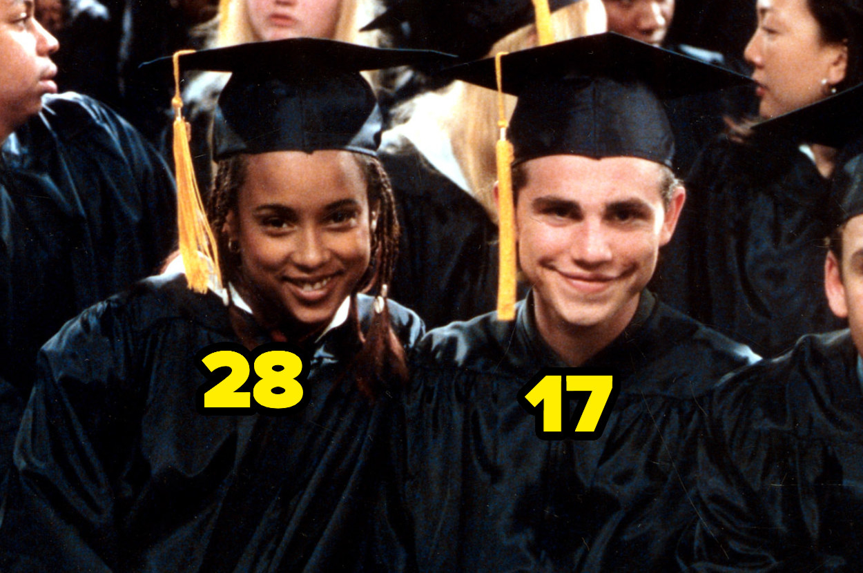 28-year-old Trina McGee Davis and 17-year-old Rider Strong in graduation outfits