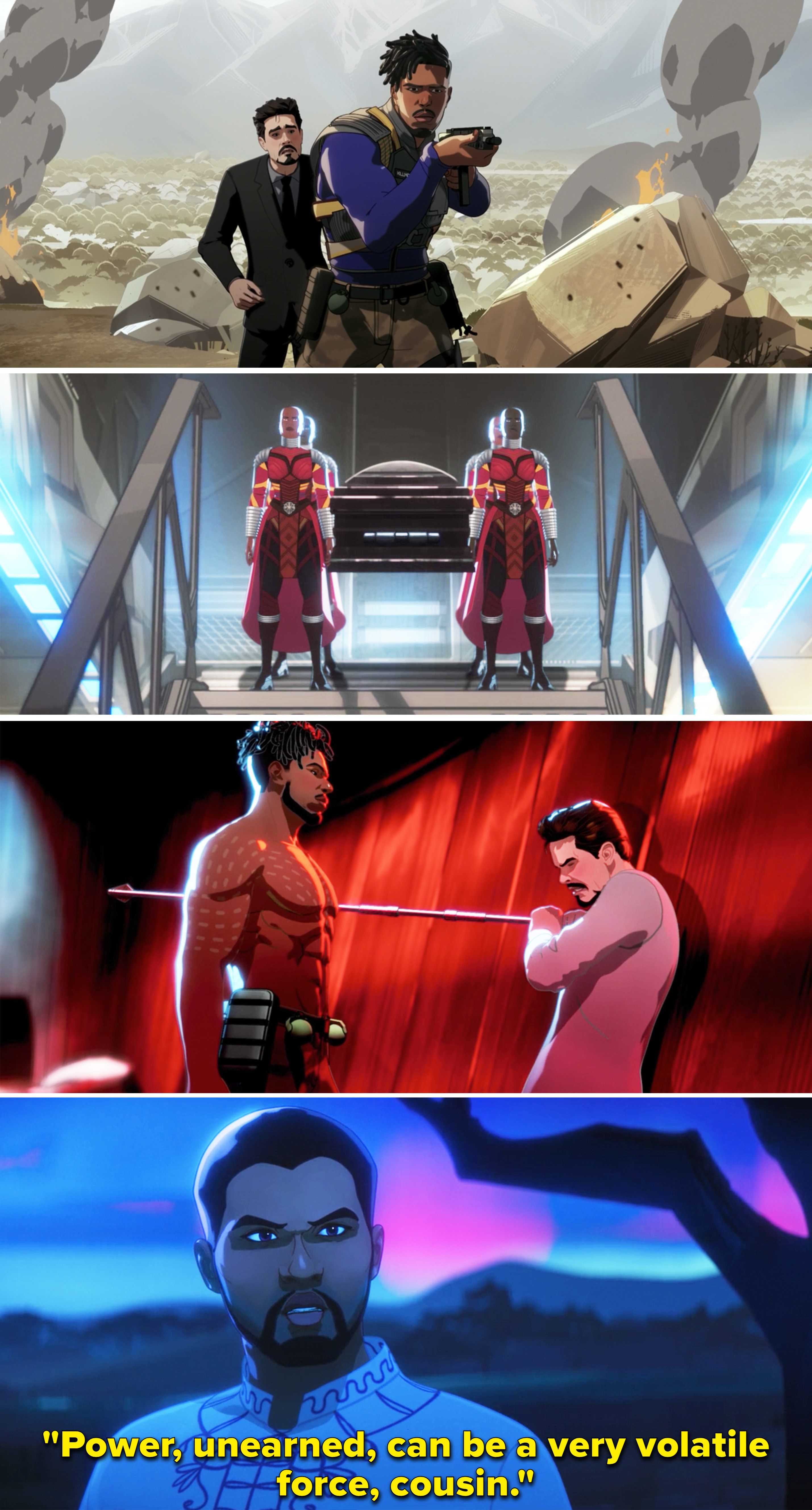 T'Challa saying, "Power, unearned, can be a very volatile force, cousin"