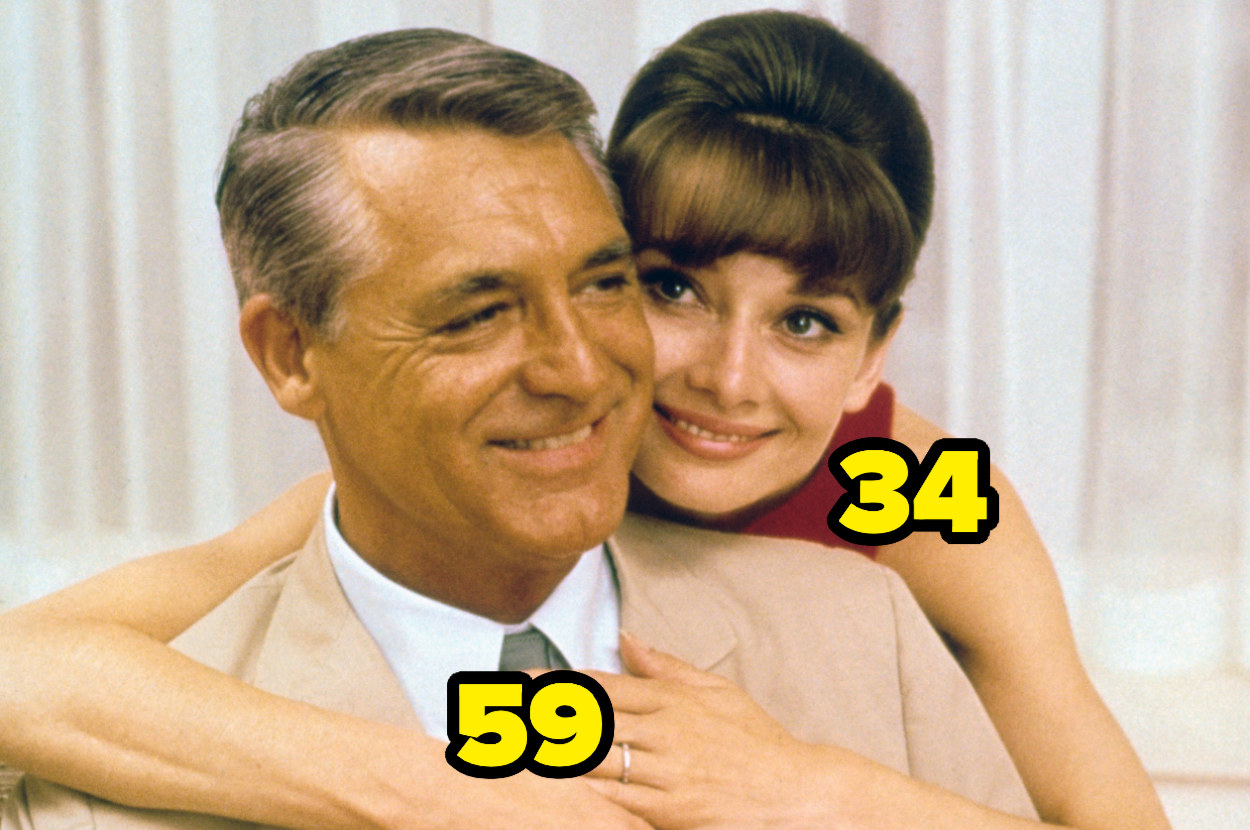 34-year-old Audrey Hepburn with her arms around 59-year-old Cary Grant