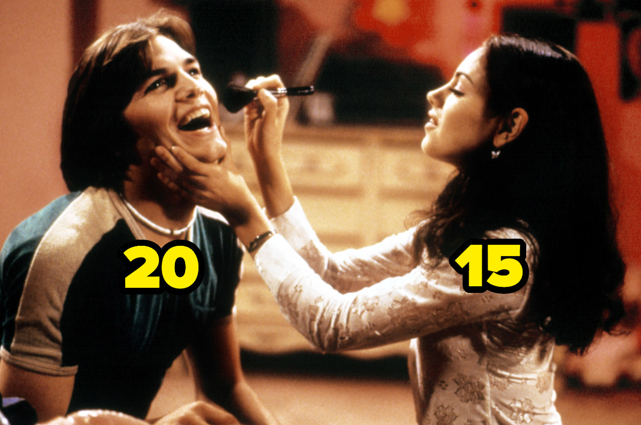 15-year-old Mila Kunis doing 20-year-old Ashton Kutcher&#x27;s makeup