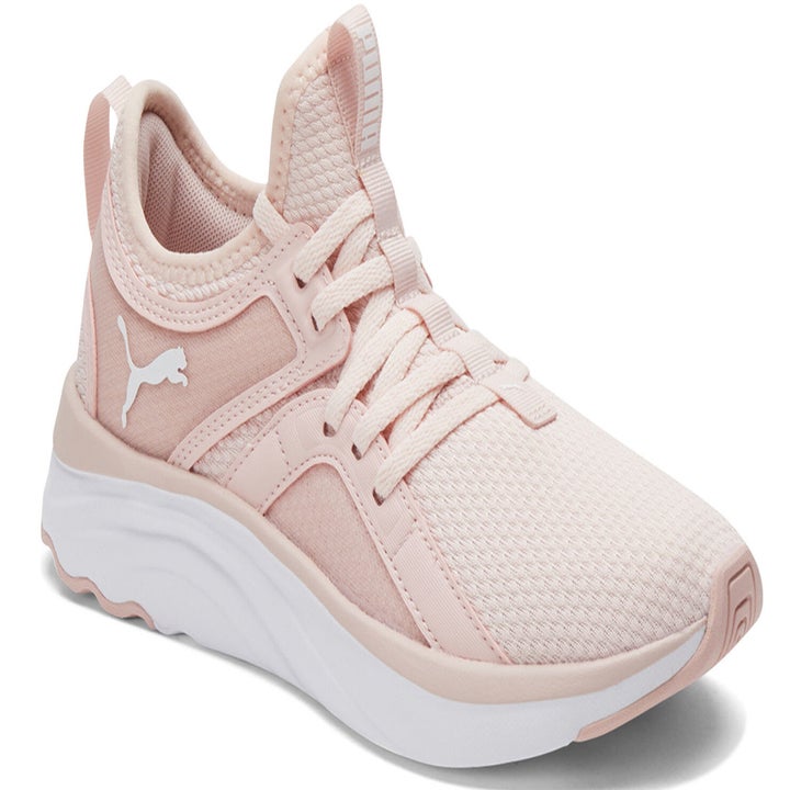 rose pink Puma workout sneakers with Puma cat logo on the side