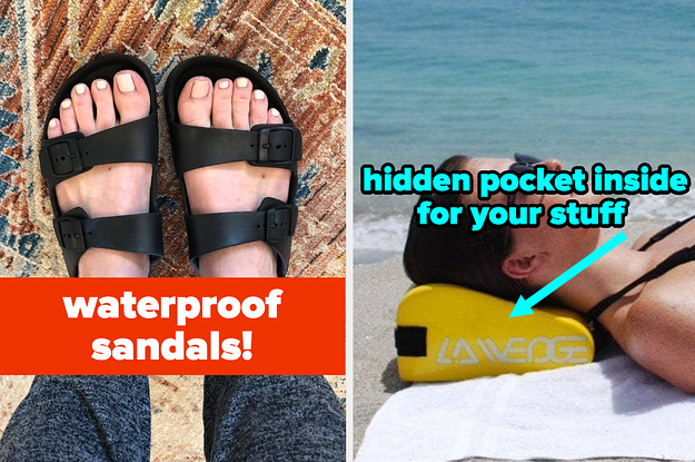L: waterproof black sandals that look like birkenstocks R: model lying on a yellow head pillow that has a hidden pocket inside for your stuff