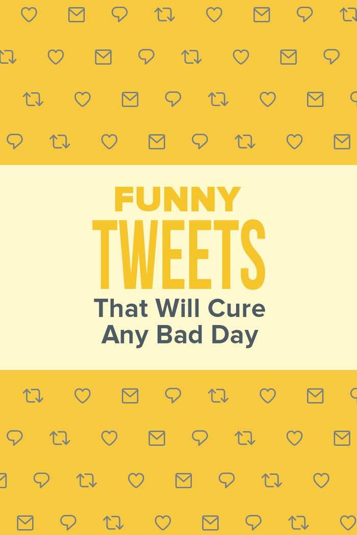 Illustrated graphic featuring envelopes, hearts, and talk bubbles, and the retweet symbol with the caption &quot;Funny Tweets That Will Cure Any Bad Day&quot;