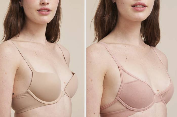 model side-by-side wearing a normal bra with gapping, and a pink pepper bra that fits well