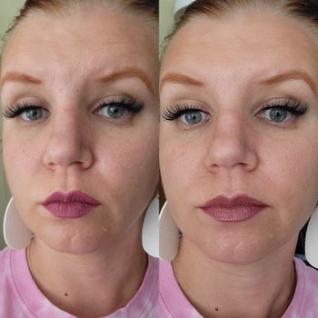 Reviewer showing lips with two shades of gloss on them