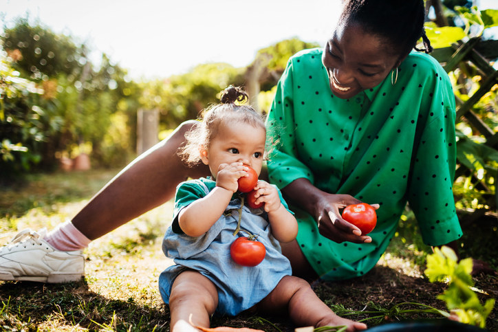 A woman and a child sitting on the ground with fresh tomatoes