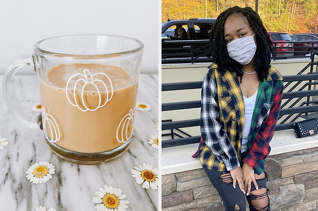 pumpkin print mug and reviewer in a colorful flannel