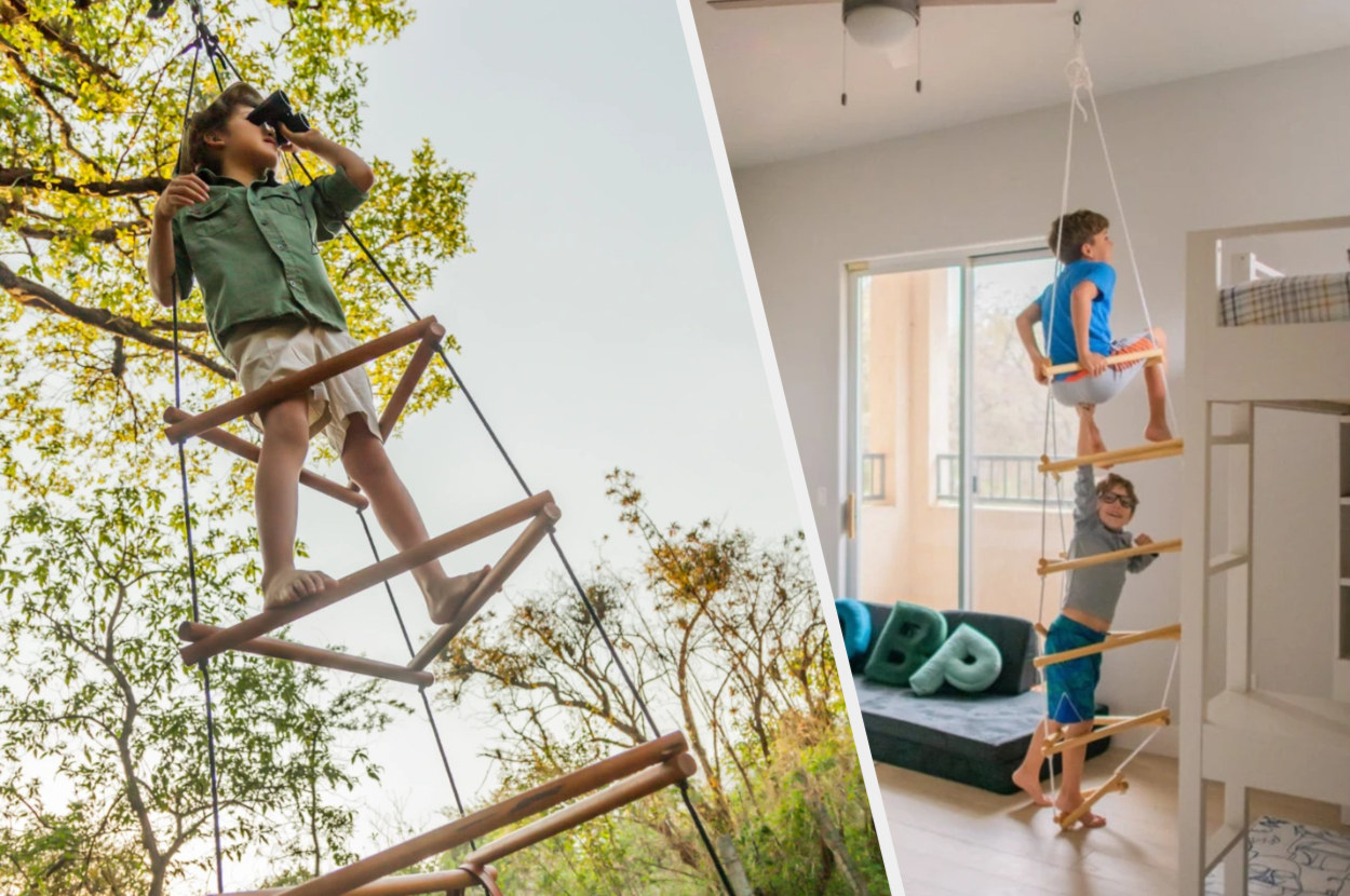 Split image of children playing in triangle rope ladder outdoors and indoors