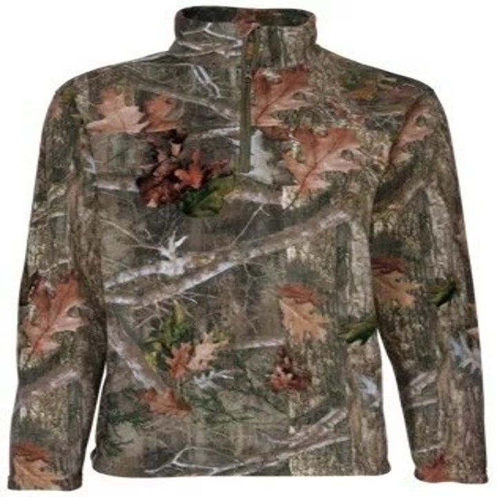 camo-and-leaf print pullover with zipper in front