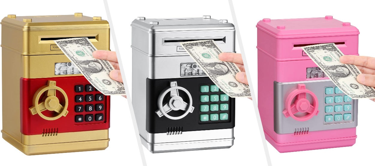 Toy piggy bank safe in gold, silver, and pink options