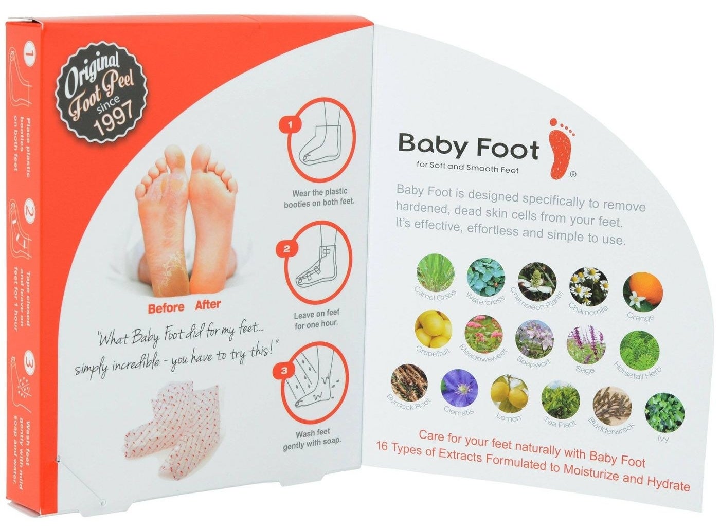 the box with a picture of the foot peel mask and a before and after photo