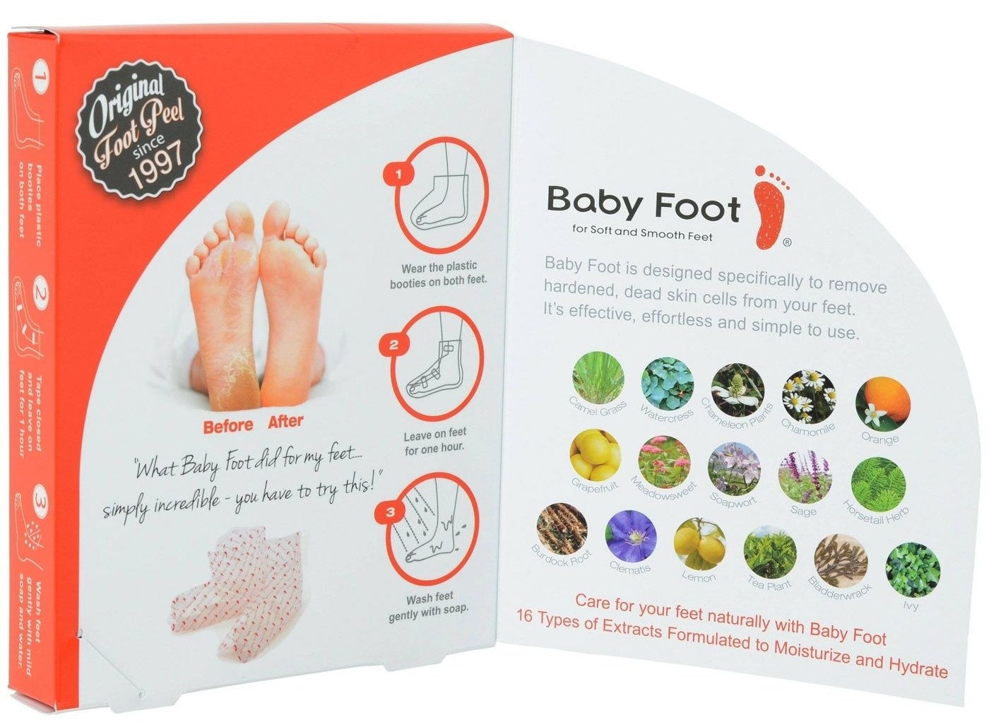 the box with a picture of the foot peel mask and a before and after photo