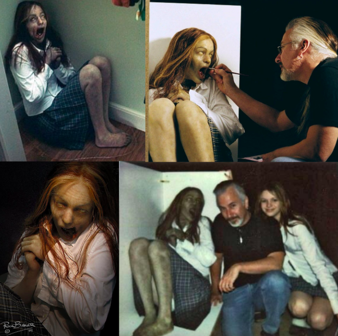 rick baker and amber tamblyn posing with body double