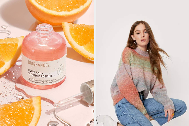 on left, Biossance Squalane + Vitamin C Rose Oil bottle with orange slices. on right, model wears striped pink and green sweater