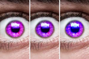 three eyes with three different shades of purple in the iris