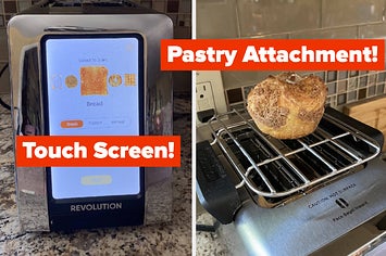 on the left the toaster's touchscreen, on the right the toaster's pastry attachment