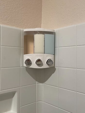 Shower dispenser installed in corner of reviewer's shower