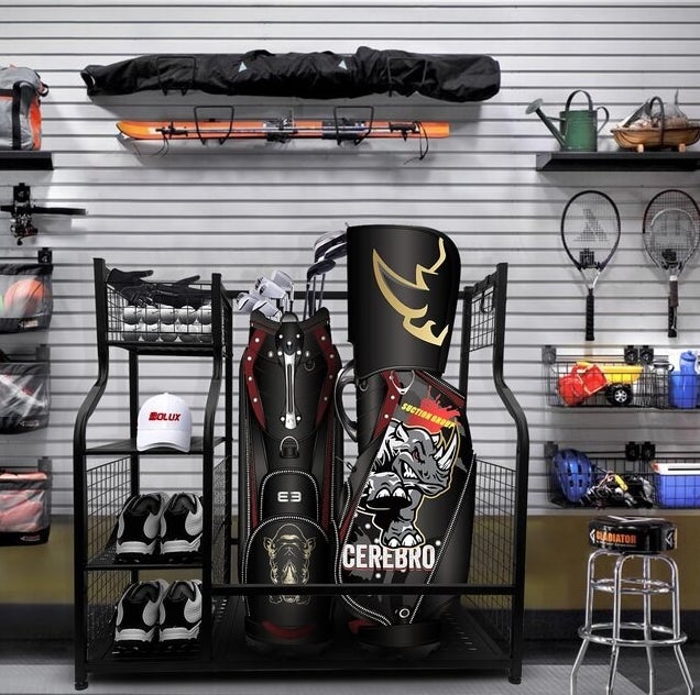 The golf storage set with assorted golf items inside