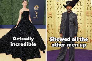 Angela Sarafyan in a strapless ballgown with jewels like stars labeled "actually incredible" and Billy Porter in a glitter pinstripe suit labeled "Showed all the other men up"