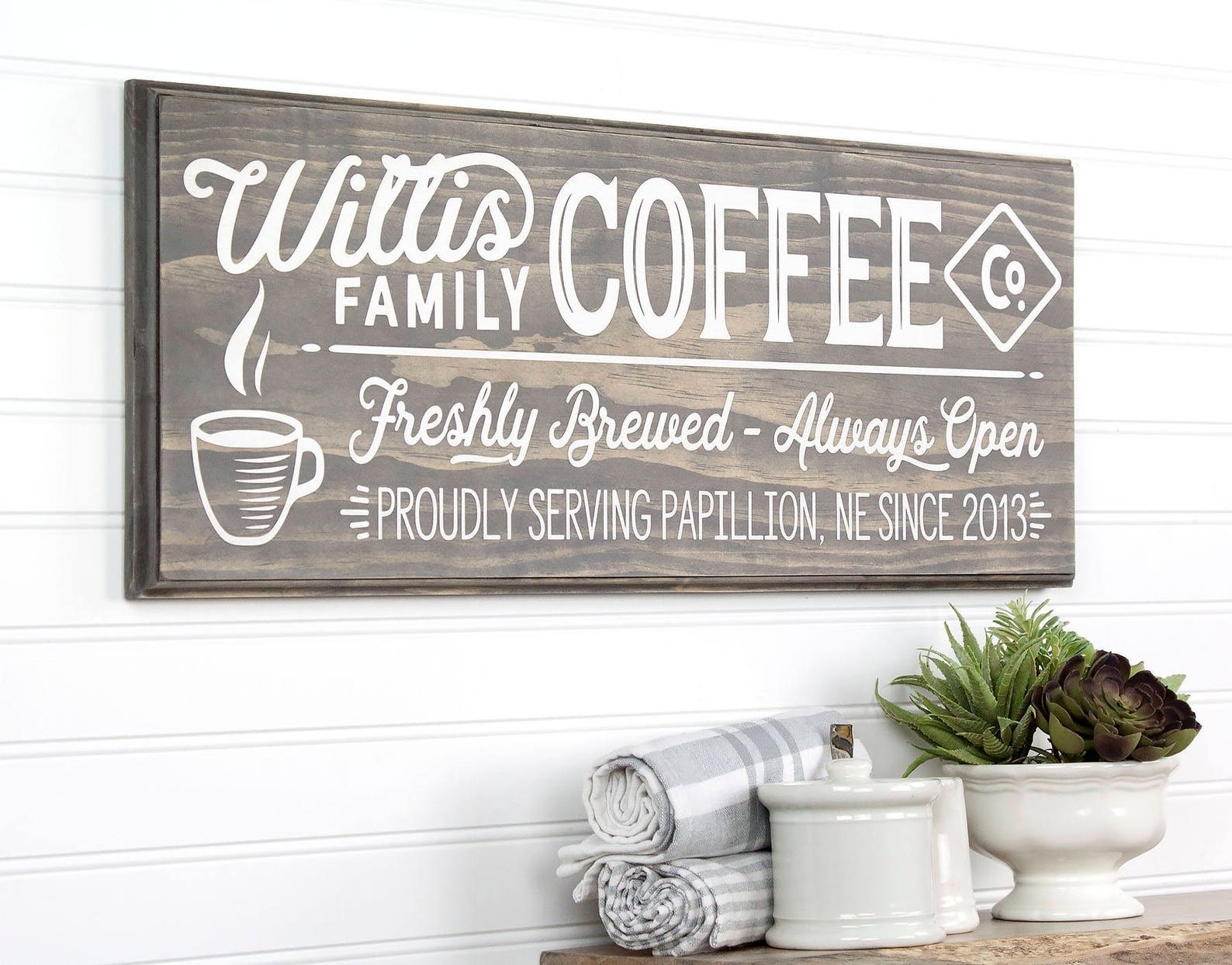 custom coffee sign with family name on it