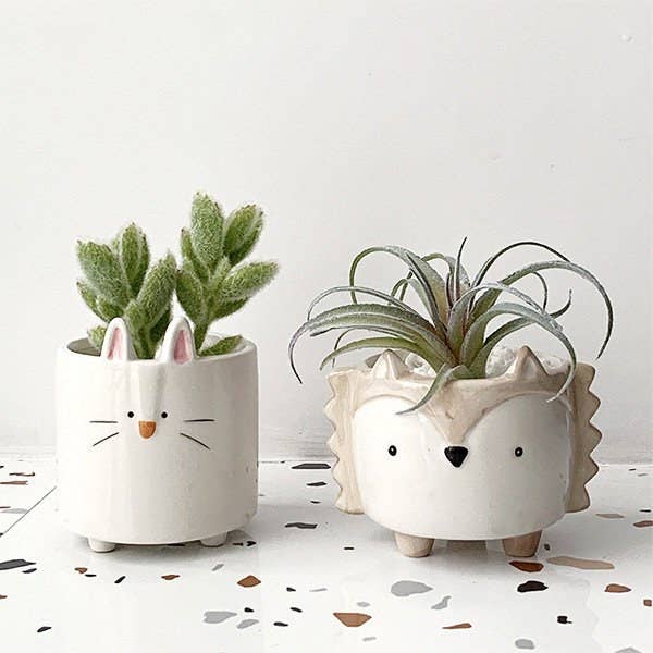 The ceramic planters with a rabbit and hedgehog design